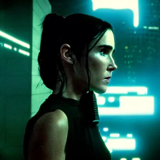 Image similar to jennifer connelly starring in a cyberpunk movie in a distopic futuristic city in the style of bladerunner, wearing a cropped black tank top, black boyshorts and black boots, firing a gun, muzzle flash, movie still, highly detailed, rainy night, volumetric lights, dramatic, scifi, sharp focus