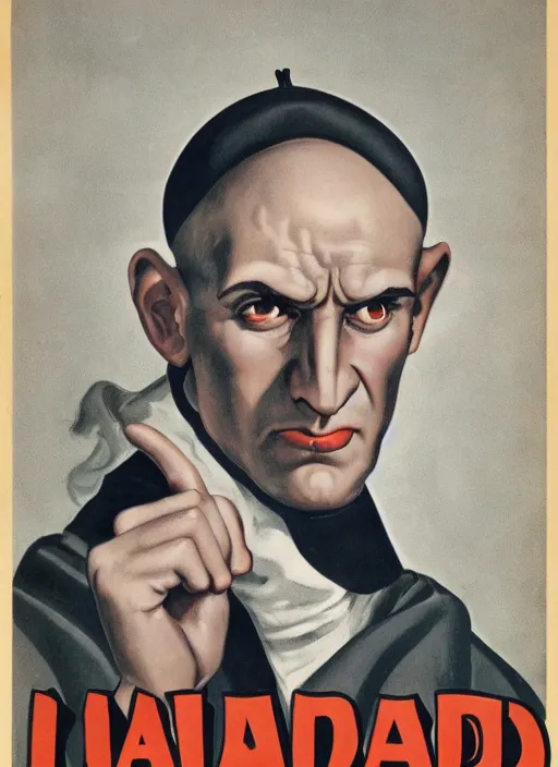 Image similar to portrait of glamorous bald medieval man with big nose and annoyed gesture,look of hate, threatening pose, 1940s propaganda poster, full hd,highly detailed