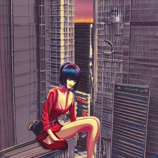 Image similar to Full body portrait of a young woman sitting on the ledge of a high rise building, cyberpunk, digital painting, exquisitely detailed, Monkey Punch, Hayao Miyazaki, Kazuma Kaneko