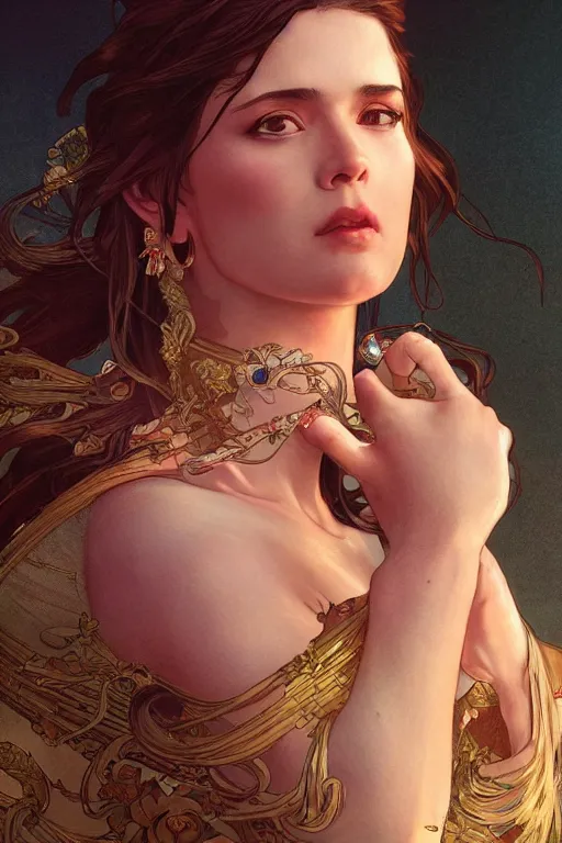 Image similar to close up portrait of goddes of rose, digital illustration, dramatic lighting, by artgerm and greg rutkowski and alphonse mucha