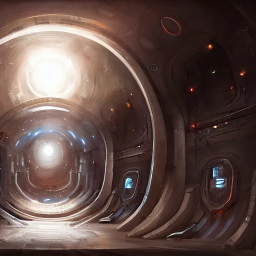 Prompt: Halls of Space by Ben Wanat, a digital painting and concept artist from the Mysterious Deadspace game, but set in a small portal like dream state star tunnel where the halls have no end and no beginning;