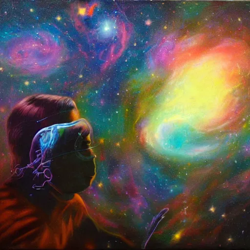 Prompt: an epic oil painting of carl sagan getting high on the show cosmos, galaxies, nebulae, hubble, james webb space telescope, digital painting bioluminance / n 4