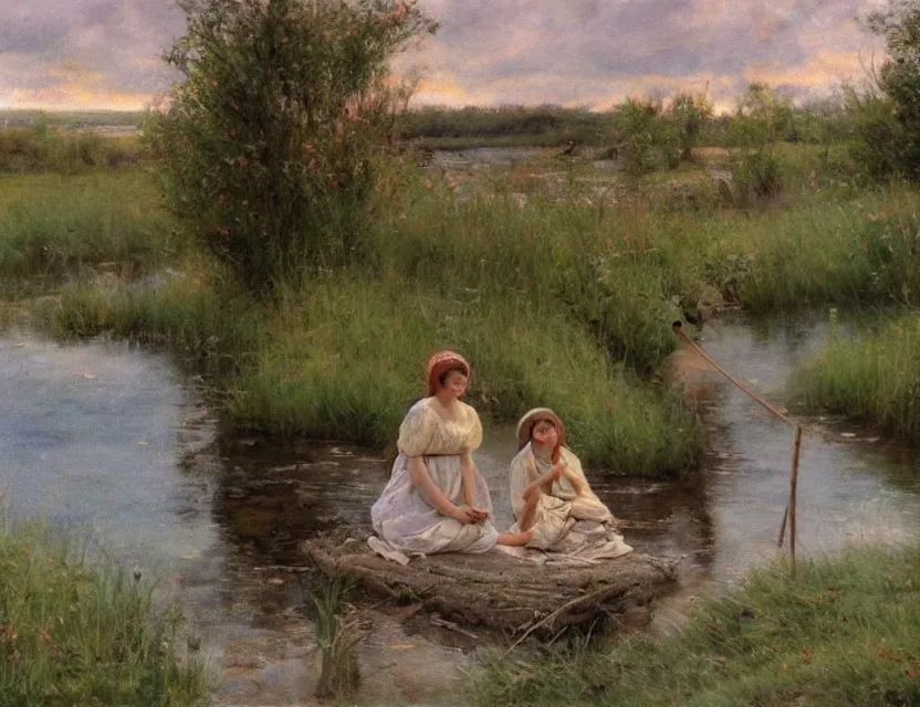 Image similar to peasant girls on a shore of river ivana kupala, midsommar, cottage core, cinematic focus, polaroid photo bleached vintage pastel colors high - key lighting, soft lights, foggy, by steve hanks, by lisa yuskavage, by serov valentin, by tarkovsky, 8 k render, detailed, oil on canvas