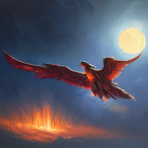 Image similar to phoenix flying in front of the moon, glowing light, fire, oil painting by greg rutkowski, 8 k