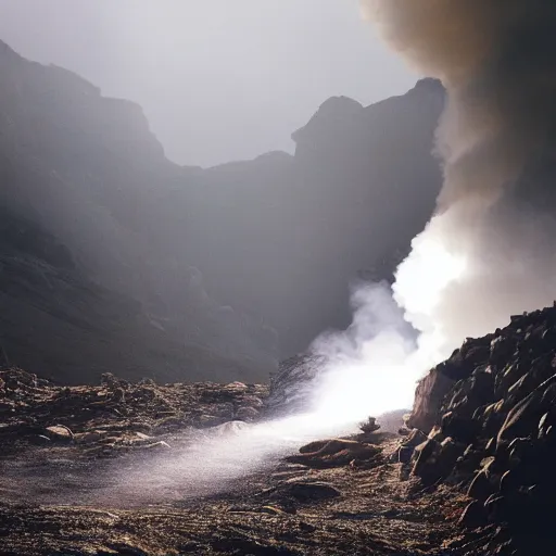 Image similar to photo, a woman in a giant flowing incredibly long dragging white dress made out of white smoke, standing inside a dark western rocky scenic landscape, volumetric lighting