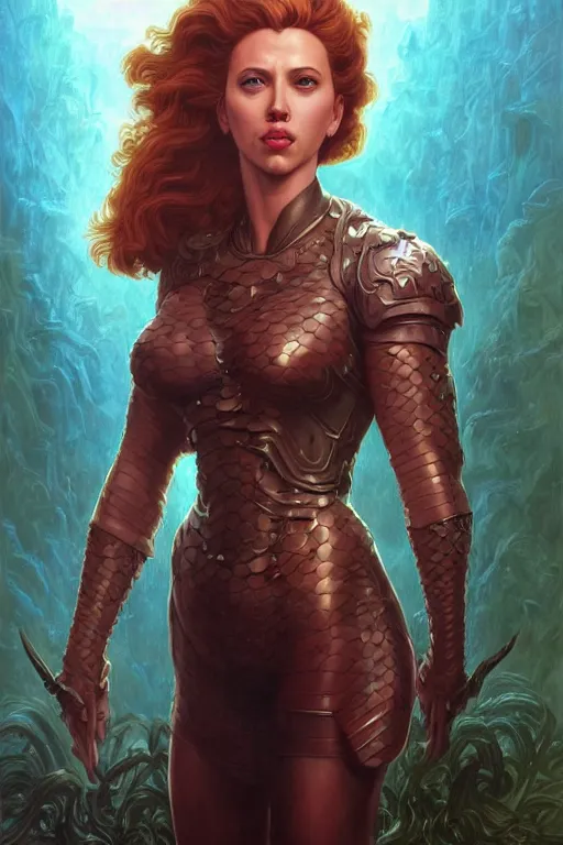 Image similar to A fantasy comic book style portrait painting of Scarlett Johansson as an Atlantean Reptilian Warrior, Mystical Valkyrie, unreal 5, DAZ, hyperrealistic, octane render, Regal, Refined, Detailed Digital Art, RPG portrait, William-Adolphe Bouguereau, Michael Cheval, Walt Disney (1937), François Boucher, Oil Painting, Steampunk, dynamic lighting, Highly Detailed, Cinematic Lighting, Unreal Engine, 8k, HD