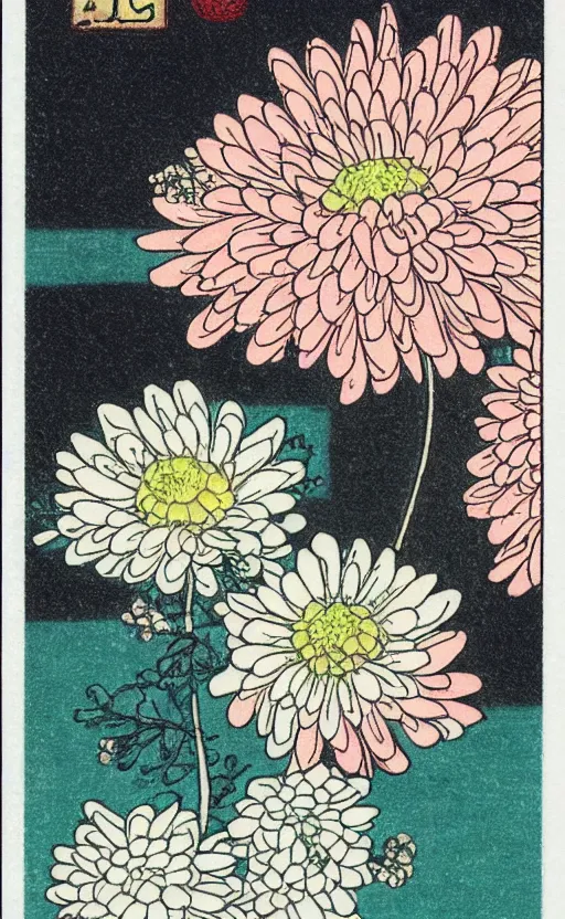 Image similar to by akio watanabe, manga art, chrysanthemum flower inside small japanese sake cup, trading card front