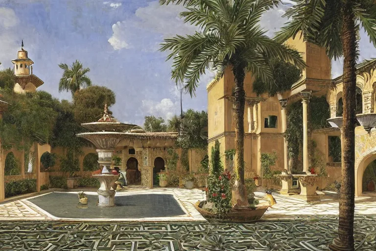 Image similar to painting of a beautiful moorish palace courtyard garden, by ludwig deutsch, patterned tilework, palm trees, tiled fountains, extremely detailed, cinematic lighting, smooth sharp focus