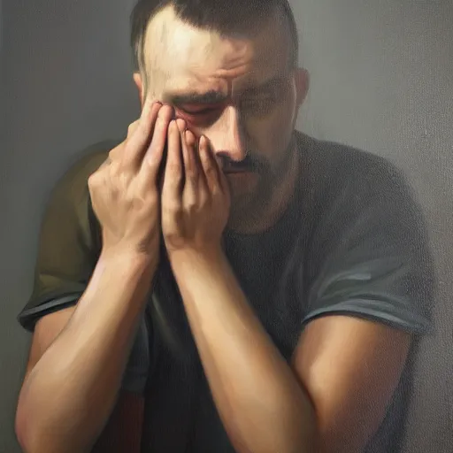 Image similar to portrait of a sleepy - looking programmer guy begging for forgiveness, oil on canvas, masterwork, fine detail, trending on artstation, emotive, insanely compelling