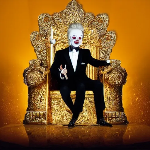 Prompt: shining giant throne made of millions of diamonds, gold and zaphires with thousands of light reflections, and a clown on a tuxedo suit is sitting on the throne while handing a golden balloon, dramatic light