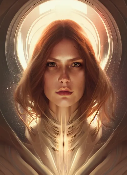 Image similar to futuristic woman portrait, sci-fi, amber eyes, face, long hair, fantasy, intricate, elegant, highly detailed, digital painting, artstation, concept art, smooth, sharp focus, illustration, art by artgerm and greg rutkowski and alphonse mucha