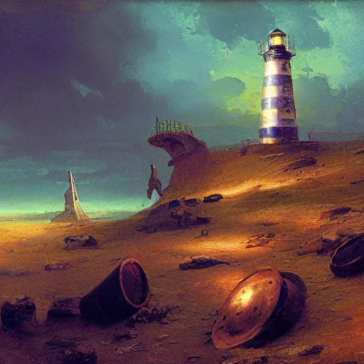 Prompt: painting of syd mead artlilery scifi organic shaped light house with ornate metal work lands on a farm, fossil ornaments, volumetric lights, purple sun, andreas achenbach