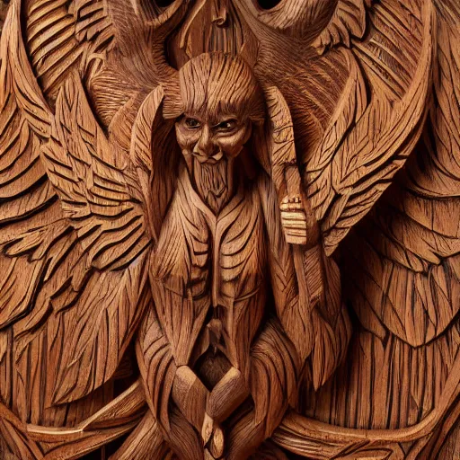 Prompt: A highly detailed wooden carving of Lucifer, studio photo studiolight 8K