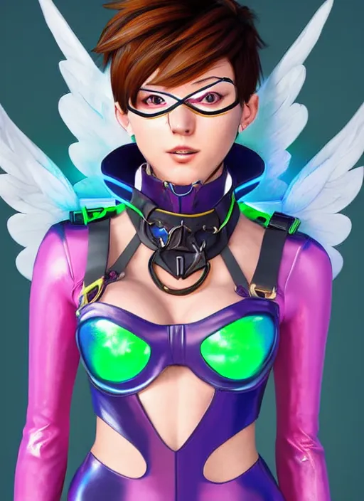 Image similar to portrait bust digital artwork of tracer overwatch, wearing iridescent rainbow latex and leather straps catsuit outfit, neon makeup, in style of mark arian, angel wings, wearing detailed leather collar, chains, black leather harness, detailed face and eyes,