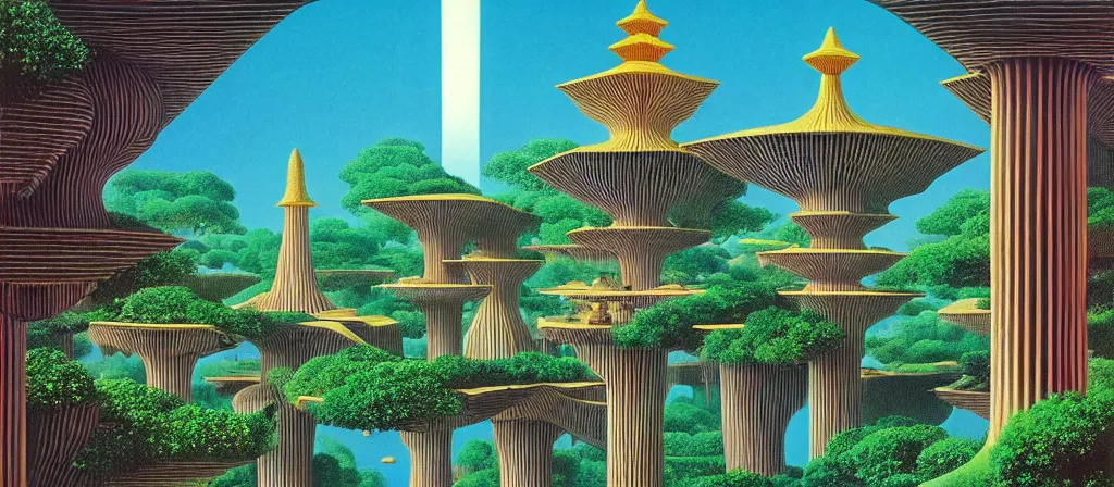 Image similar to huge gargantuan angular dimension of pagoda liminal spaces, temples by escher and ricardo bofill. utopian singaporean landscape by roger dean. magical realism, surrealism, lush sakura trees, waterfalls, thunder, lightning, vaporwave, trending on artstation, shot from below, epic scale