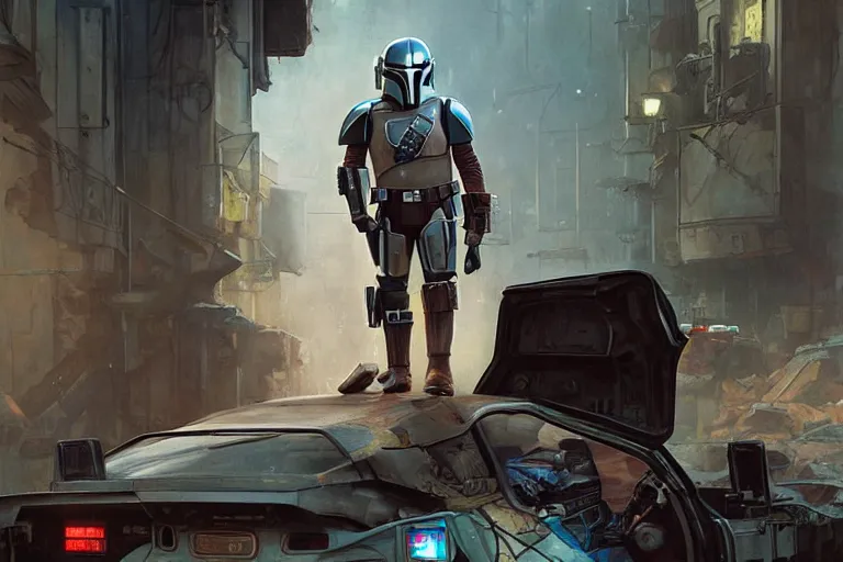 Prompt: photograph of the mandalorian stepping out of a delorean parked down the streets of a cyberpunk abandoned city, doors are open, by greg rutkowski, by stanley artgerm, by alphonse mucha