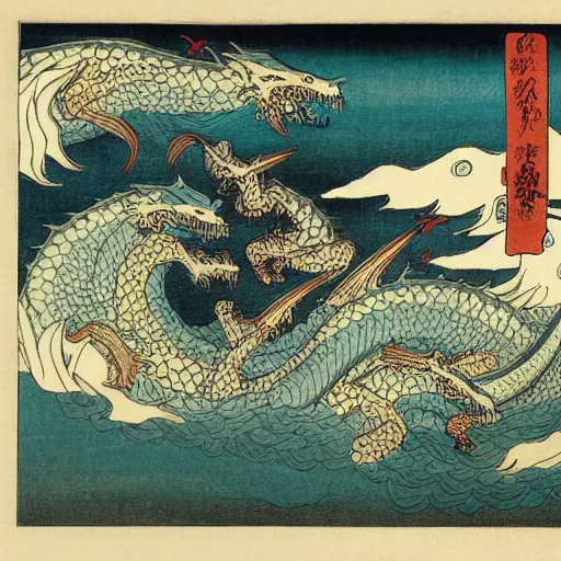 Image similar to A sea of dragons by Utagawa Kuniyoshi, ukiyo-e, nightmare ocean storm