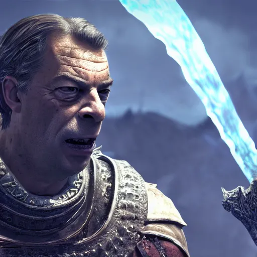 Image similar to nigel farage as a warrior in skyrim, splash art, movie still, cinematic lighting, dramatic, octane render, long lens, shallow depth of field, bokeh, anamorphic lens flare, 8 k, hyper detailed, 3 5 mm film grain