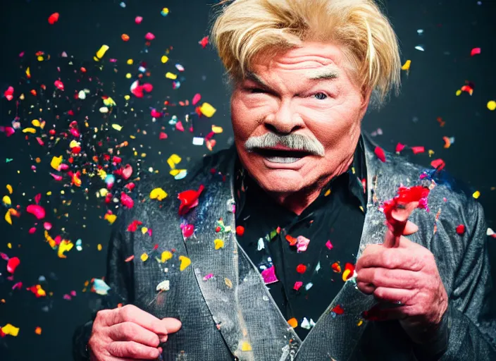 Prompt: photo still of rip taylor a murder crime scene!!!!!!!! at age 5 4 years old 5 4 years of age!!!!!!! throwing confetti from a bucket, 8 k, 8 5 mm f 1. 8, studio lighting, rim light, right side key light