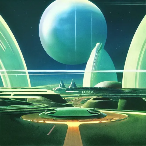 Image similar to beautiful matte painting album cover art of green gardens with roads on a futuristic sci-fi space station, cinematic angle, cinematic lighting, blue sky, by Syd Mead, John Harris, Federico Pelat