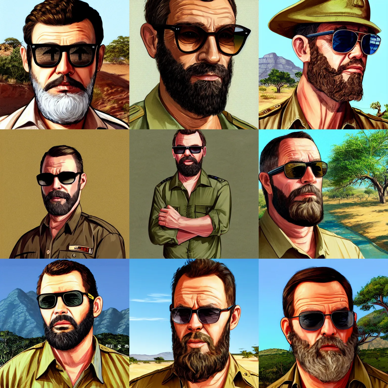 Prompt: afrikaans man with beard wearing sunglasses and khaki shirt, gta v style portrait illustration by earl norem, bushveld background