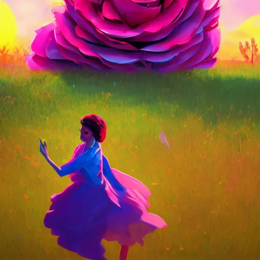 Image similar to portrait, giant rose flower head, girl dancing in a suit, surreal photography, sunrise, blue sky, dramatic light, impressionist painting, digital painting, artstation, simon stalenhag