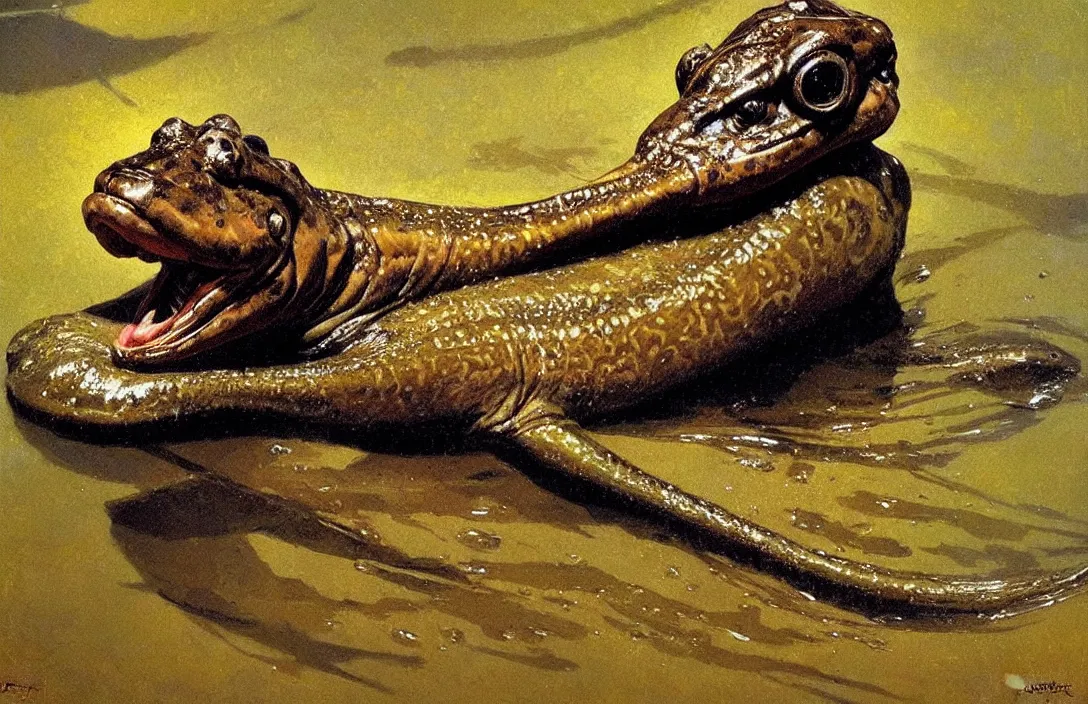 Image similar to portrait of a mudskipper!!!!!!!!!!!!!!!!!!!!!!!!!!!, detailed face, detailed painting, epic lighting, by ilya repin, phil hale and kent williams