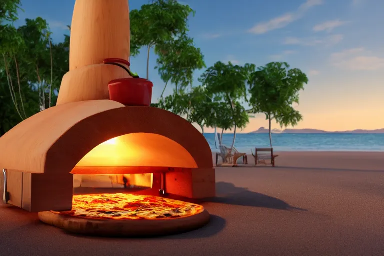 Prompt: a wood fired pizza oven on a tropical beach, pizza, beer, sunset, ultra realistic refractions, extremely detailed 3 d render, octane render, octane, ray tracing, evening sky, 4 k, pixar