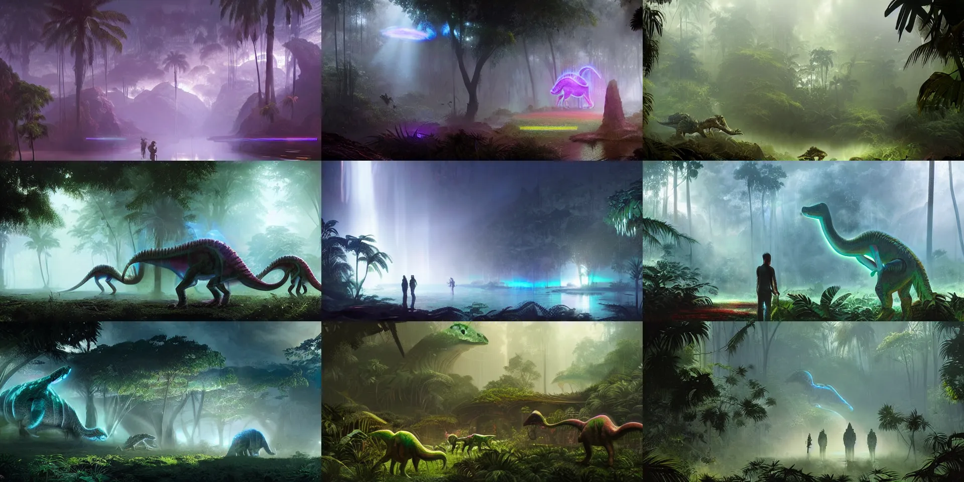 Prompt: spectral holographic glowing dinosaurs, foggy jungle in the background, by greg rutkowski
