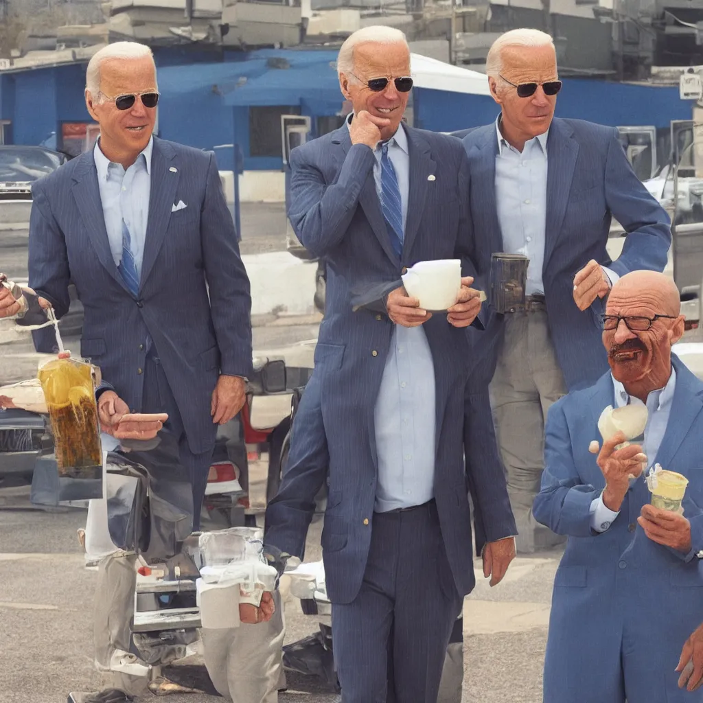 Image similar to Joe biden and Walter White in Los Pollos Hermanos, photorealistic