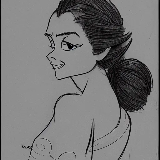 Image similar to milt kahl sketch of vanessa hudgeons with done up hair, tendrils covering face and ponytail as princess padme from star wars episode 3