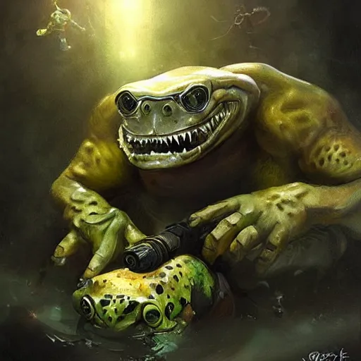 Prompt: hyper realistic derpy hybrid of dan akroyd and frogman by greg rutkowski