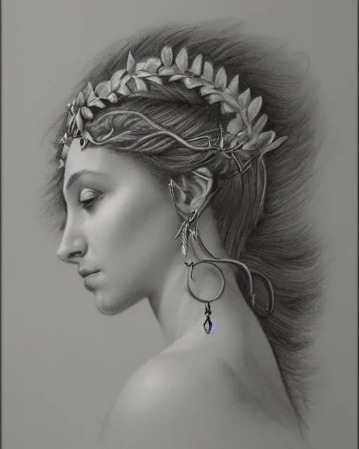 Prompt: pencil drawing of a beautiful greek goddess aphrodite wearing a laurel wreath and arrowhead earrings, beautiful confident eyes, beautiful flowing hair, hyper realistic face, in the style of greg rutkowski, fantasy, amazing detail, epic, elegant, smooth, sharp focus, from the front, long shot