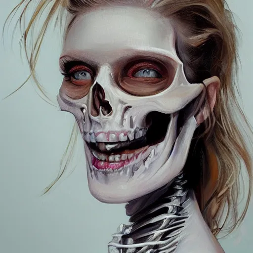 Prompt: portrait painting of woman from scandinavia, skeleton skull, blonde hair, daz, occlusion, smiling and looking directly, brushstrokes, white background, art by enki bilal