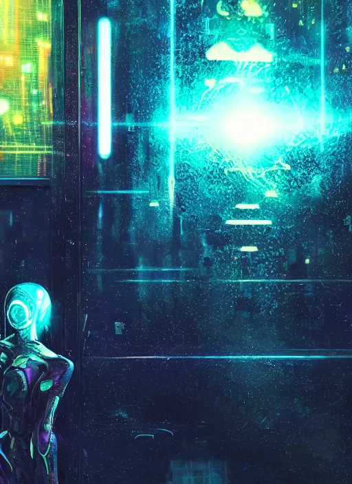 Prompt: one cyber godly person made of cosmic nebula galaxy energy watching a rainy colorful complex cyberpunk futuristic holographic city from behind at night through a window in a room, reflections, 8 k, photorealistic, concept art, wet, highly detailed, cinematic mood by ridley scott, ghost in the shell, trending on artstation, glowing and epic