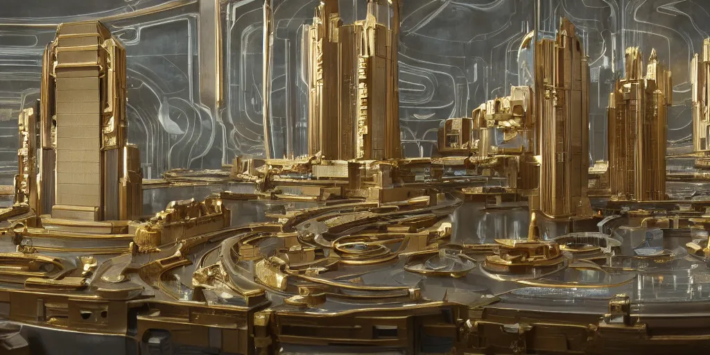 Image similar to Architectural model of a golden era science fiction set painted by James Jean, cinematography by Darren Aronofsky, composition by Fritz Lang