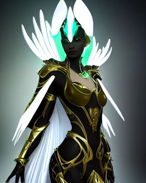 Image similar to sultry egyptian queen wearing white dove wings, warframe armor, regal, attractive, ornate, sultry, elize theron, pretty face, green eyes, scifi platform, 4 k, ultra realistic, epic lighting, illuminated, cinematic, black gold, art by akihito tsukushi, voidstar