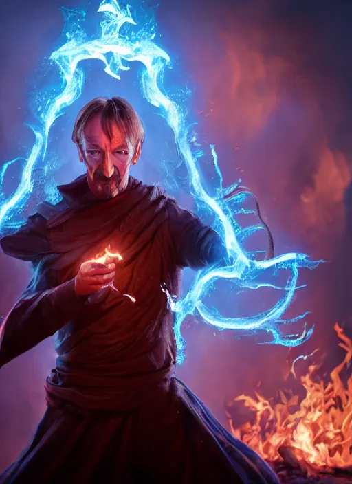 Prompt: A fantasy comic book style portrait painting of David Thewlis as a godlike Sorcerer casting a fire spell, unreal 5, DAZ, hyperrealistic, octane render, RPG portrait, ambient light, dynamic lighting