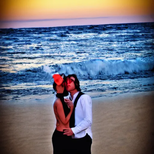 Image similar to cthulu photobombing a romantic selfie on a beach at sunset