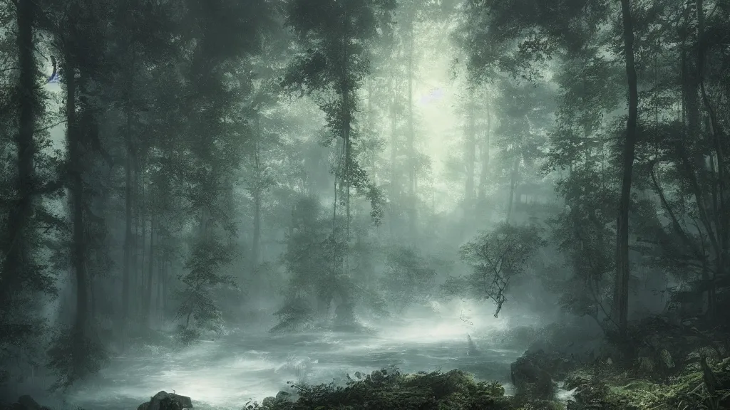 Image similar to a clearing with a deep pool of water, a sanctuary in the dark, dense forest. andreas achenbach, artgerm, mikko lagerstedt, zack snyder, tokujin yoshioka