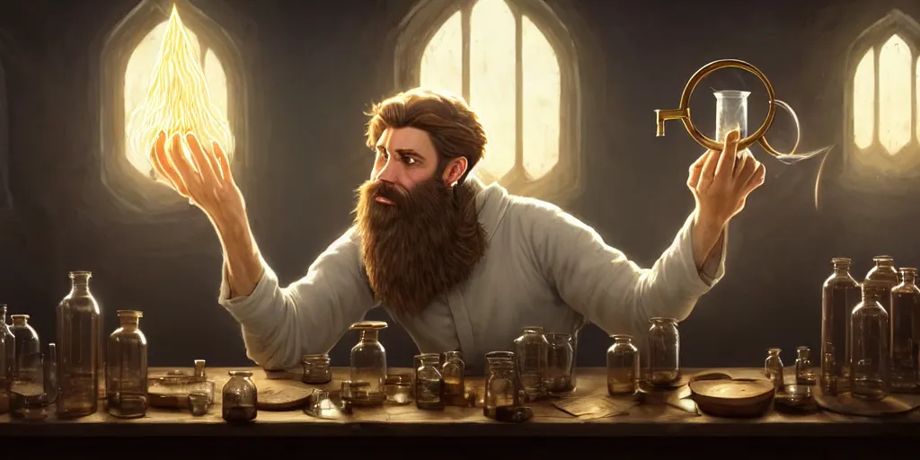 Image similar to a handsome bearded white male wizard with brown hair he is casting a spell emanating from his hands, he is in a alchemist workshop filled with beakers and equipment, neutral hand pose, sharp focus, waist up, 4 k, by greg rutkowski, rudy siswanto and anna podedworna