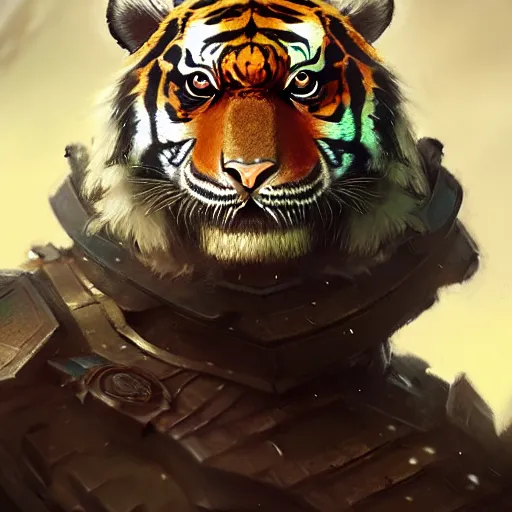 Image similar to commission portrait of a tiger wearing heavy armor,character design by charles bowater,greg rutkowski,ross tran,hyperdetailed,hyperrealistic,4k,deviantart,artstation,professional photography,concept art