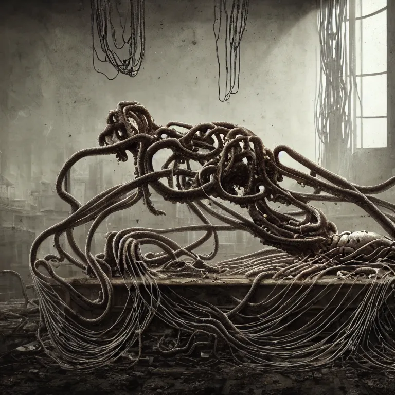 Prompt: still life of abandoned ribbed robot laying on a table, white human spine, covered with tentacles, roots, wires, tubes, baroque painting, standing in a desolate empty wasteland, creepy, nightmare, dream-like heavy atmosphere, surreal abandoned buildings, baroque painting, beautiful detailed intricate insanely detailed octane render trending on Artstation, 8K artistic photography, photorealistic, chiaroscuro, Raphael, Caravaggio, Beksinski, Giger