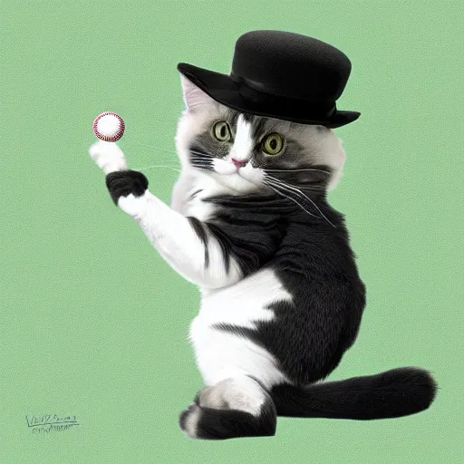 Image similar to ragdoll cat standing on its hind legs, wearing a tuxedo and a baseball hat digital art