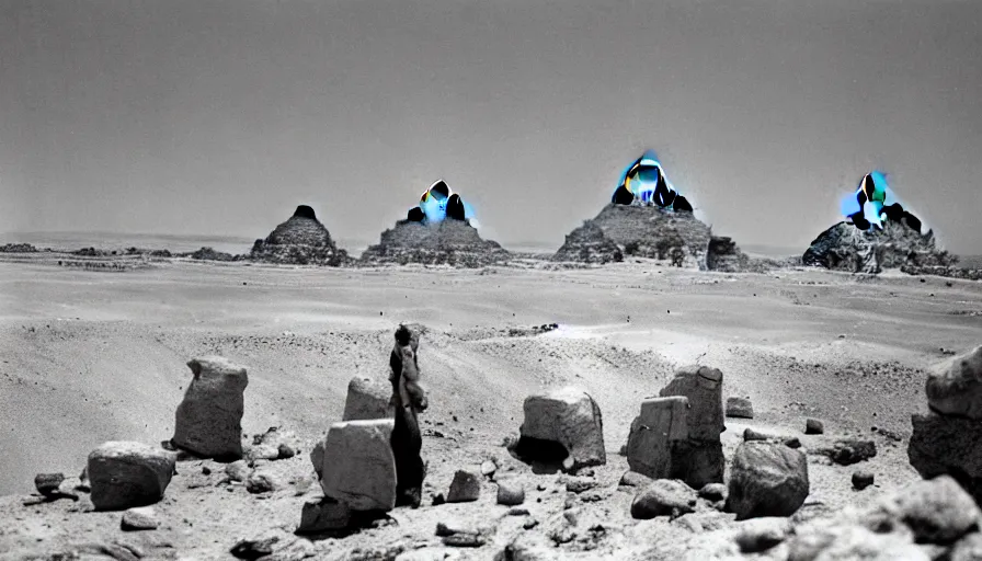 Image similar to aliens lift up big rocks in the foreground. the pyramids are halfway built in the background. archive photo