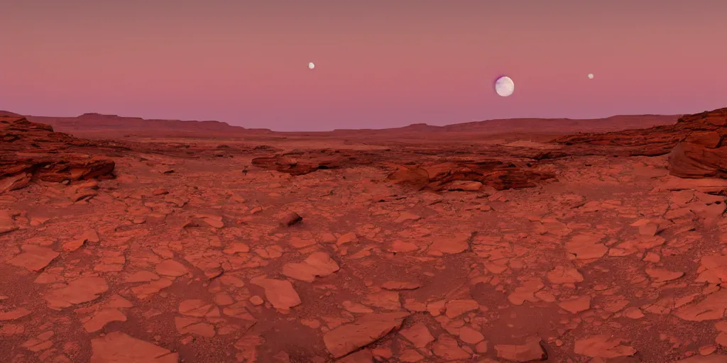 Prompt: a view looking out of a cave of a dried up river bend running through a canyon surrounded by desert mountains at sunset on mars, purple sky, two moons, planet mars, moab, utah, a tilt shift photo by frederic church, trending on unsplash, hudson river school, photo taken with provia, national geographic photo