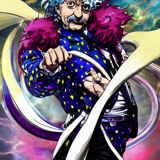 Image similar to Albert Einstein unvieled as new Jojo\'s Bizarre Adventure character, Hirohiko Araki, masterpiece, beautiful, clean lines, dramatic pose, artstation, high resolution scan, Hirohiko Araki, Hirohiko Araki