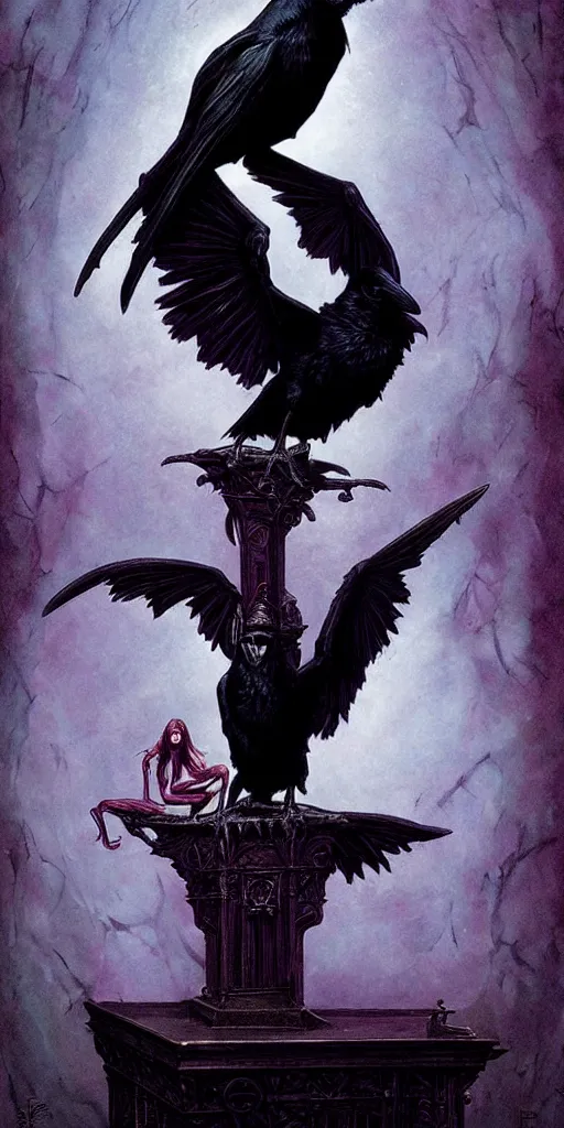 Image similar to raven perched on a bust of beautiful woman in a dark gothic room gothic, full frame, by wayne barlowe, peter mohrbacher, kelly mckernan, james o barr