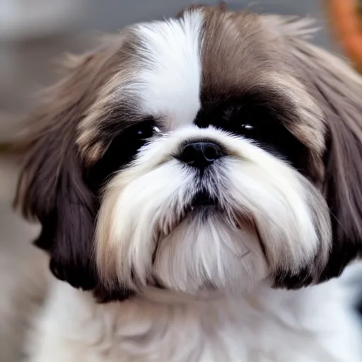 Image similar to A photo of a chubby shih tzu with medium-length hair, black and white fur and brown eyes