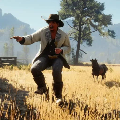 Image similar to an in-game screenshot of Eric Andre in Red Dead Redemption 2 (2018)